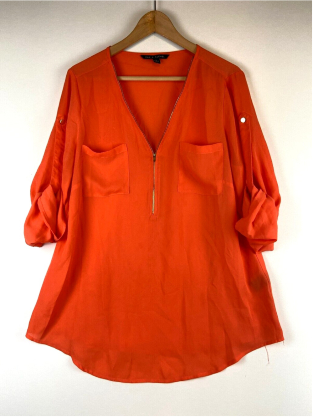 Zac & Rachel Women's Orange Half Zipper V-Neck Roll Tab Sleeve Tunic Top Size L